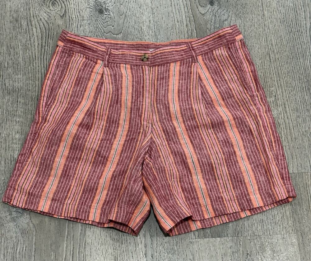 NEW J Jill Shorts Womens 10 Pink Stripe 100% Linen Bermuda Casual Pockets Summer